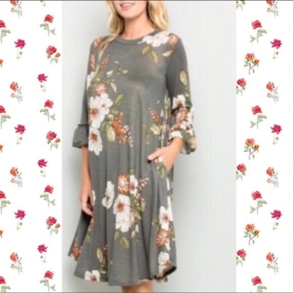 ✨ NEW ✨ Ultra-Soft Sage Green Floral Flowy Over-Sized Dress - Picture 3 of 4